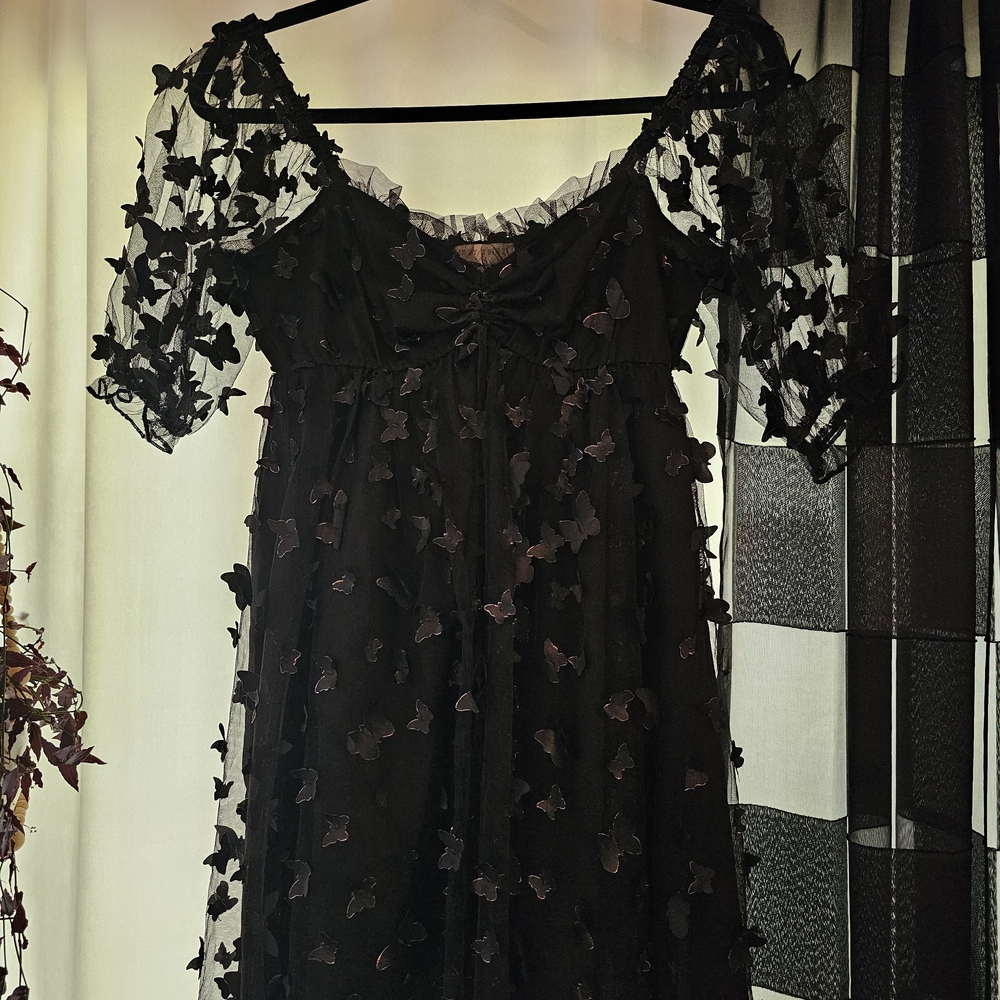 Black Babydoll Flutter Sleeve Cocktail Dress